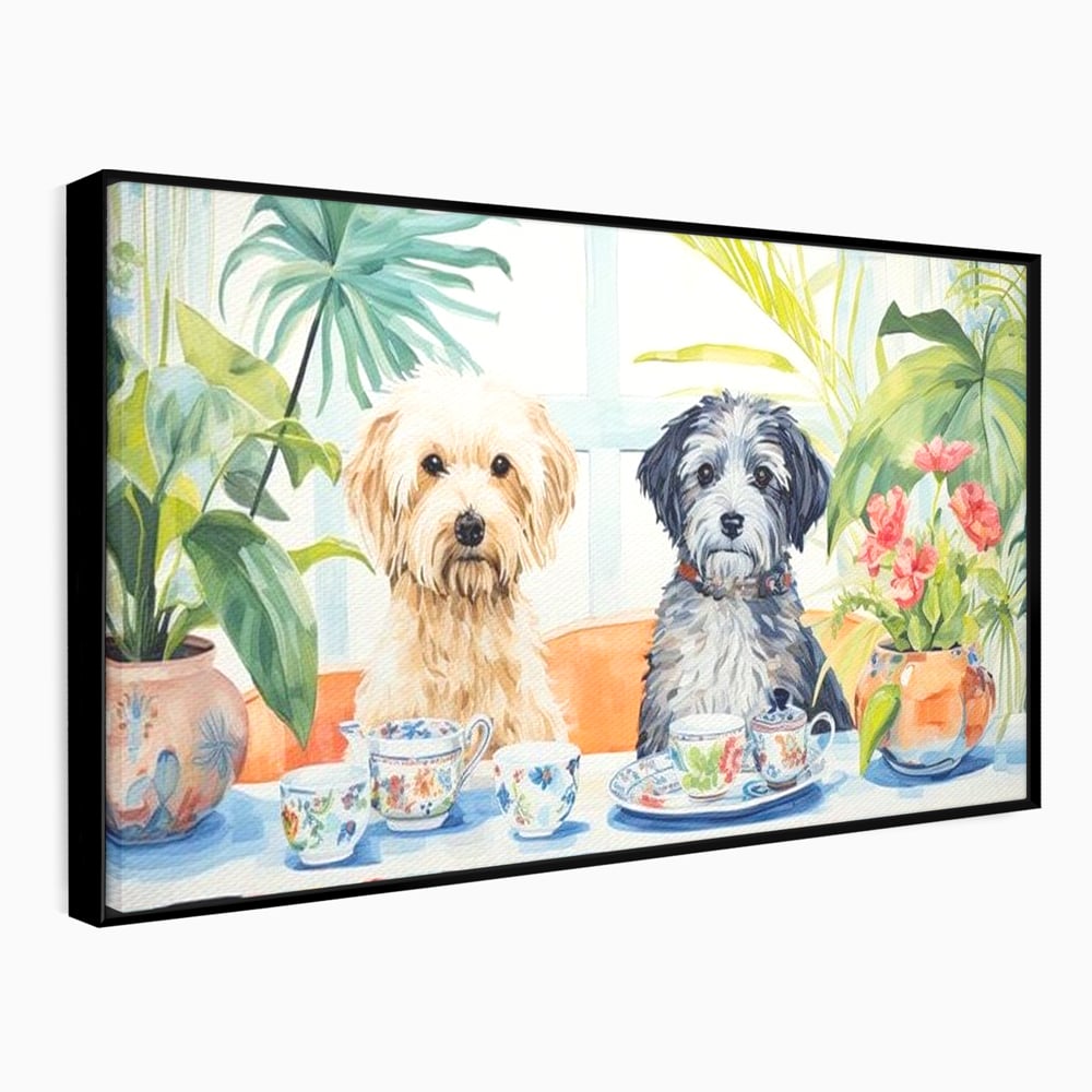 Tablou canvas cu pictura cu doi catei la ceai, in rama de aluminiu negru